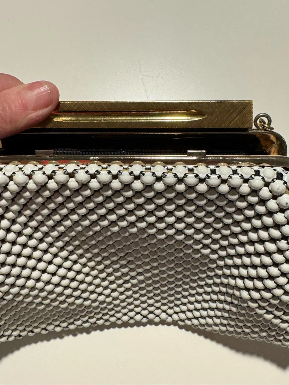 Whiting & Davis White Metal Mesh Evening Clutch with Gold Frame